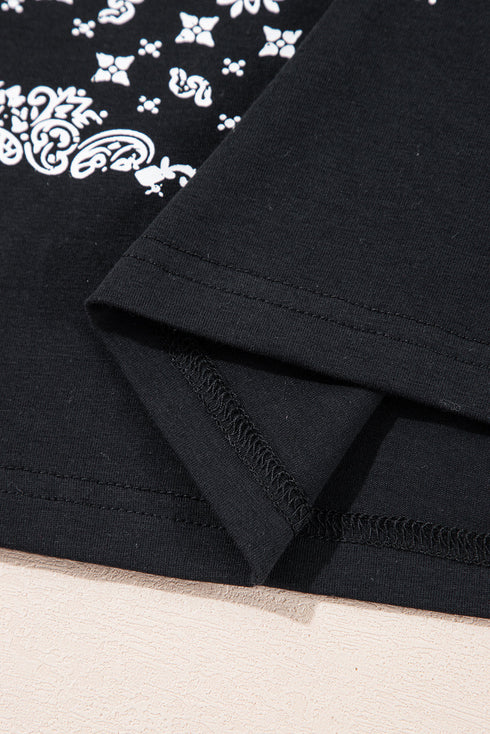 Black Paisley Print Crew Neck Loose Fit Tunic Tee